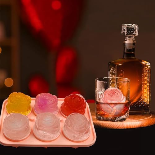 2 Pack Silicone Ice Cube Trays, Pink Rose Ice Cube Mold, Large Sphere Ice Mold with Funnel-type Lid, Makes 6 Rose & 6 Round Ice Balls for Chilling Whiskey Cocktails Drinks