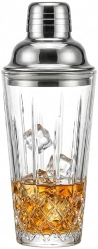 Cut Crystal Glass Cocktail Shaker - 15oz Lead-Free Crystal Shaker with Steel Strainer Lid - Premium Barware for Home Bartenders - Ideal for Mocktail, Espresso, Margarita, Martini Cocktails