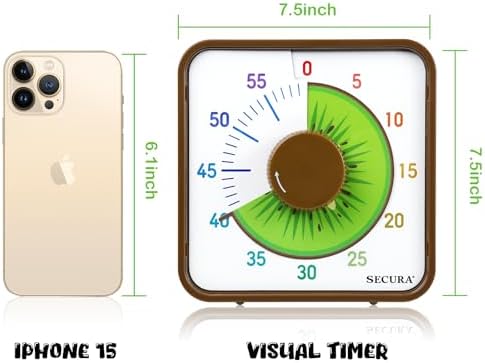 Secura 7.5-Inch Fruit Visual Timer for Kids, 60-Minute Countdown Timer for Classroom or Kitchen, Durable Mechanical Timer Clock with Magnetic Backing (Kiwi)