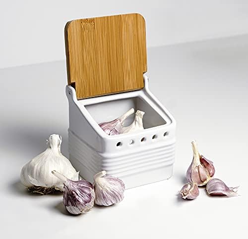 RSVP International White Stoneware Kitchen Collection, Stoneware Garlic Keeper, 4.5x4x4.5"