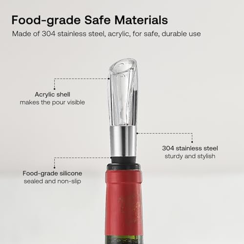 Elegant Wine Aerator Pourer Spout by ELMWAY - Clear Wine Air Aerator Enhances Flavor, Aroma & Finish, No Spill Design, Wine Accessory Gift for Wine Lovers - Silver