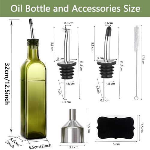 Leaflai Olive Oil Dispenser Bottle, 1 Pcs Green Glass Olive Oil Dispenser and Vinegar Dispenser Set with 2 Stainless Steel Pourers, 2 Labels,1 Brush and 1 Funnel Oil Bottles for Kitchen (500ml)