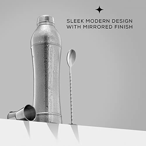 JoyJolt 3pc Slim Cocktail Shaker Set. 24 oz Margarita Martini Shaker Drink Mixer & Cocktail Strainer Lid, Double Jigger, Long Bar Spoon. Mixology Bartender Kit Shakers, Bar Tools for Home Bartending