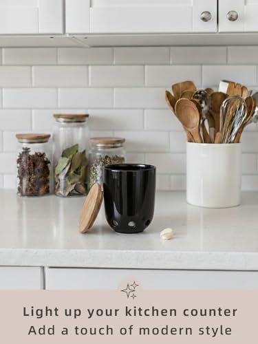 LEETOYI Ceramic Garlic Keeper for Counter, Garlic Holder with Wood Lid (Black)