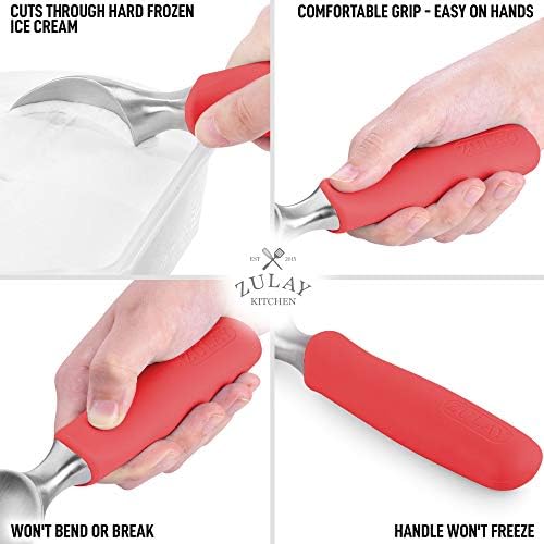Zulay Heavy Duty Ice Cream Scoop - Stainless Steel Ice Cream Scooper With Non-Slip Rubber Grip - Durable Ice Cream Spade - Anti-Thaw Icecream Scoup For Frozen Ice Cream & Gelato (Red)