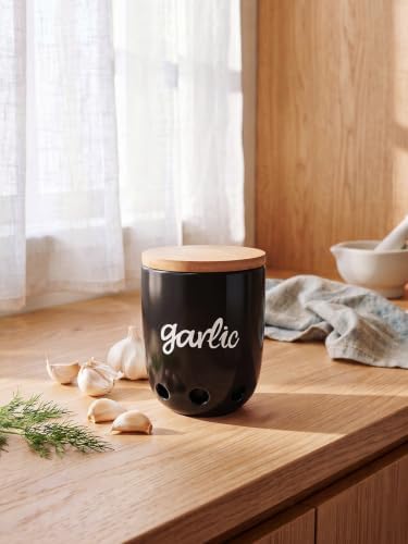 Ceramic Garlic Keeper for Counter with Wood Lid (Black)