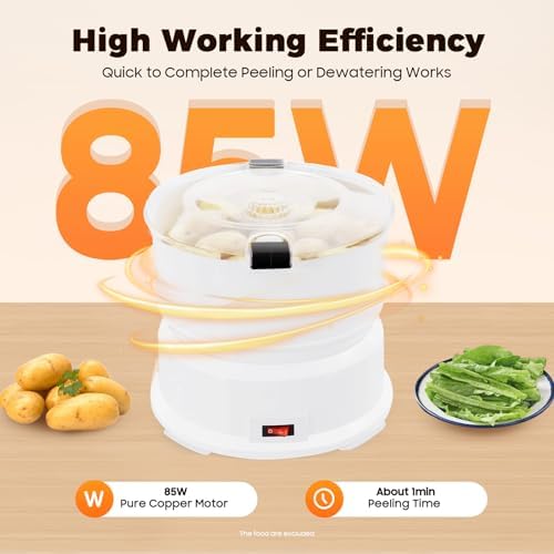 Electric Potato Peeler, 85W Automatic Potato Peeling Machine, 2-in-1 Multi-Functional Peeler Spinner for Kitchens Restaurants to Peel Potatoes, Dehydrate Vegetables, About 1 mins Peeling, White