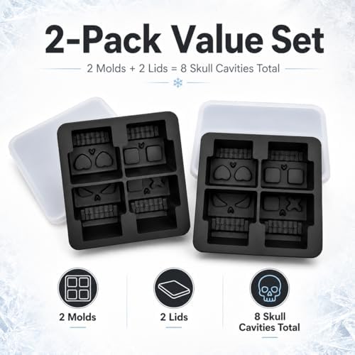 2 Pack Skull Ice Cube Trays, 2 Inch Silicone Molds