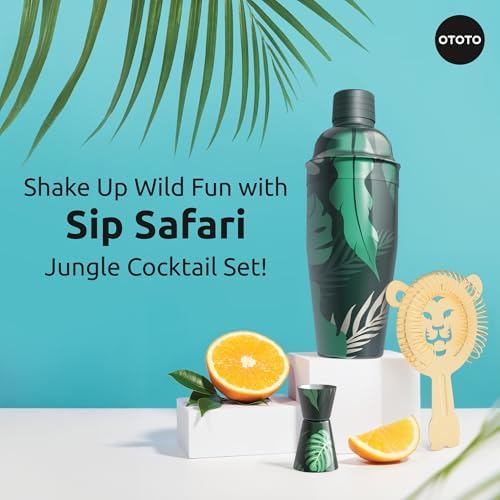 NEW OTOTO Cocktail Shaker Set - Bartender Kit with Lion Cap, Bar Cart, Bar Accessories, Drink Shaker, Cocktail Shaker with Strainer, Unique Gift Set, Kitchen Set, Kitchen Gadgets (Sip Safari)