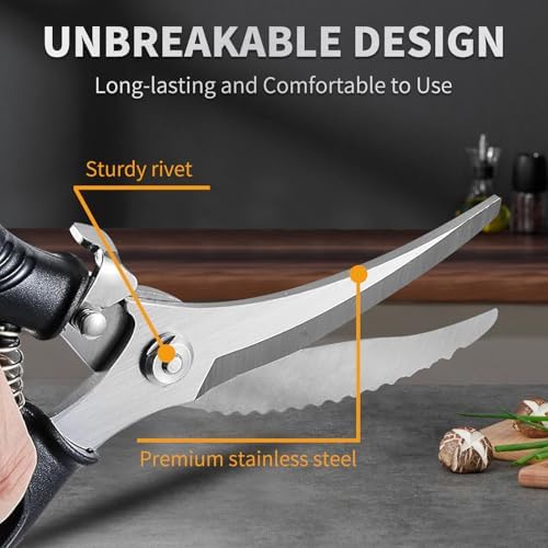 Heavy Duty Kitchen Poultry Shears with 2 Springs, Non-Slip Handle & Safety Lock, Dishwasher Safe, Stainless Steel Scissors for Meat, Chicken, Bones, Fish, Vegetables, and More