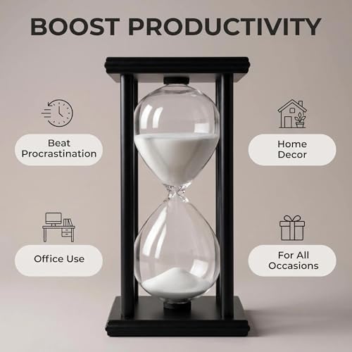 Hourglass Sand Timer 45 Minutes, Hour Glasses with Sand Decoration for Kids, Sand Clock Watch for Room Birthday Tea Coffee Table Book Shelf School Game Ornament Wooden (White Sand)