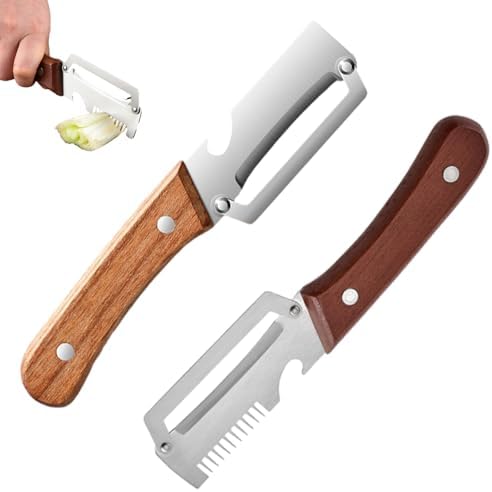3-in-1 Scallion Shredder & Peeler, 2-in-1 Serrated Peeling Knife Premium Vegetable Peeler with Wooden Handle & Built-In Bottle Opener, Multi-purpose Peeler and Julienne Shredder Set
