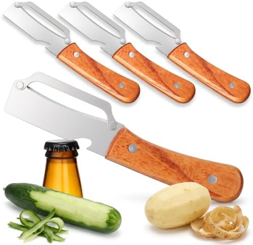 Alipis 4pcs Vegetable Peeler With Bottle Opener, Handheld Fruit Peeler Set For Kitchen - Ergonomic Wood Handle, Stainless Steel Blade For Zucchini, Sugarcane, Cheese, Outdoor Picnic