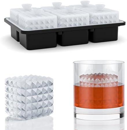 6 Chamber 1.97” 3D Crystal Square Ice Cube Tray With Funnel,Large Square Ice Molds Silicone Fun Shapes Whiskey Ice Cube Tray,For Chilling Whiskey,Cocktails,Bourbon,Brandy and Beverages