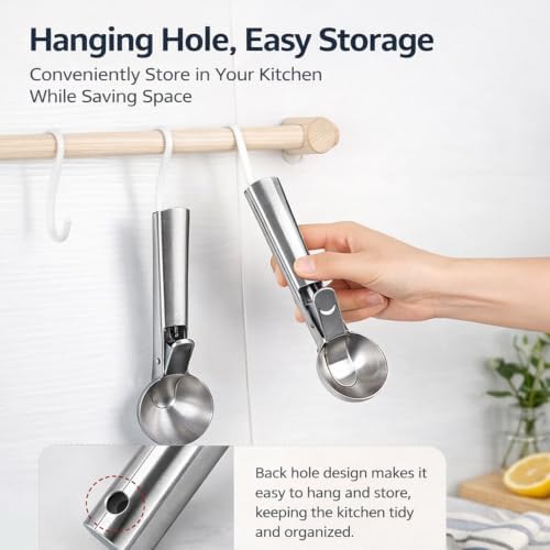 Ice Cream Scoop, Stainless Steel with Trigger & Comfortable Handle, Dishwasher Safe, DIY Ice Cream, Cookie Dough, Muffin, Baking, Sorbet, Gelato, Fruit (4P silver)