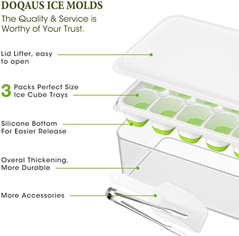 DOQAUS Ice Cube Tray with Lid and Bin, 3 Pack Silicone Plastic Iced Cubes Trays for Freezer with Box/Container, Stackable with Storage Ices Bucket, Tong, Scoop, for Baby Food, Cocktail, Coffee