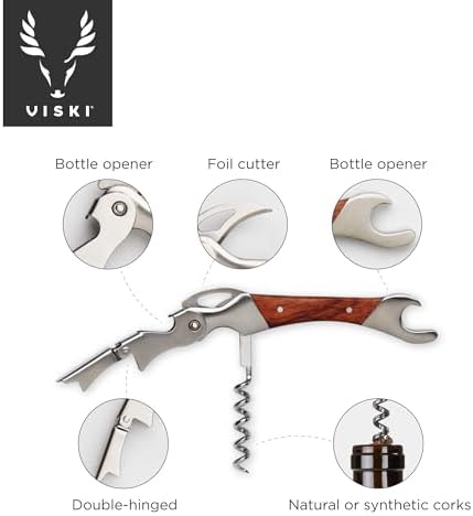 Viski Admiral Double Hinged Corkscrew Wine Opener with 2 Built-in Bottle Openers and Easy Grip Foil Cutter, Stainless Steel with Rosewood Handle, Home Bar, Travel, Gifts for Wine Lovers, Set of 1