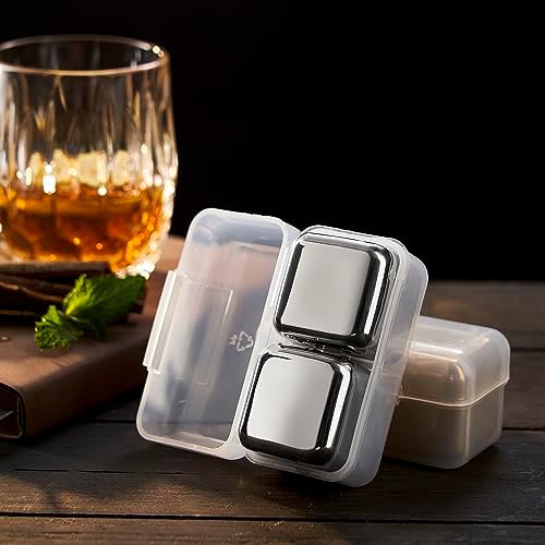 4 Large Whiskey Stones 64 cm³ (4 cu in) - Man Gift Set - Reusable Stainless Steel Metal Ice Sphere Cubes Beverage Chilling Rocks Whiskey Stones for Red Wine, Bar Beer, Scotch, Vodka Drinks - Silver