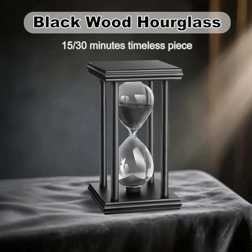 15 Minute Hourglass Timer, Wooden Stand Sand Timer Clock, Black Sand Watch 15 Min, Antiguo Reloj De Arena, Large Unique Hour Glass Sandglass for Home Desk Office (Black)