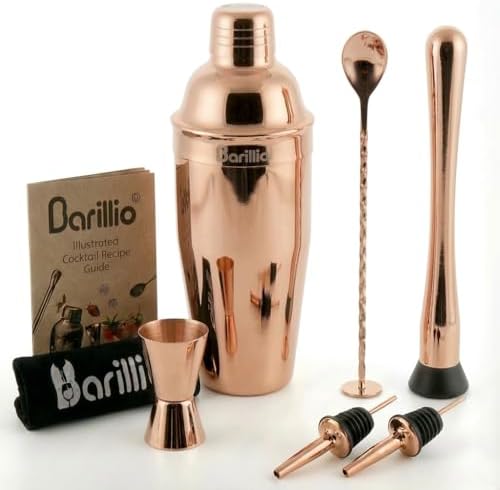 Barillio Rose Gold Mixology Bartender Kit - 8 pcs Stainless Steel Travel Cocktail Shaker Set with Bag - Copper Bar Tools Set | Martini Shaker, Drink Mixer Spoon & Mojito Muddler, Pourers & Jigger