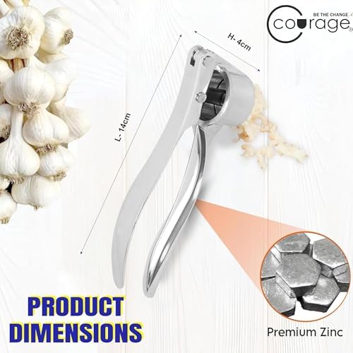 Courage Premium Stainless Steel Garlic Press Crusher | Heavy Duty Garlic Mincer & Ginger Crusher | Ergonomic Manual Garlic Presser | Rustproof Easy Clean Kitchen Tool for Garlic & Ginger.