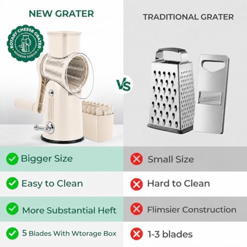 5 in 1 Rotary Cheese Grater with Hand Crank,Cheese Shredder (Beige)