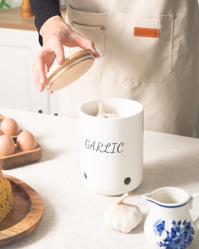 Ceramic Garlic Keeper, Garlic Storage Container, Garlic Jar, Black Text