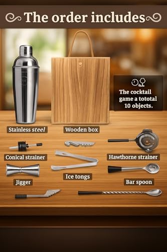 Cocktail Shaker Set RETEUR -10 Piece Bartender Kit with Rustic Wood Box -Bar Tool Set Stainless Steel - Home Cocktail Shaker Set- Bar Set, Essential and Excellent Gift., Silver