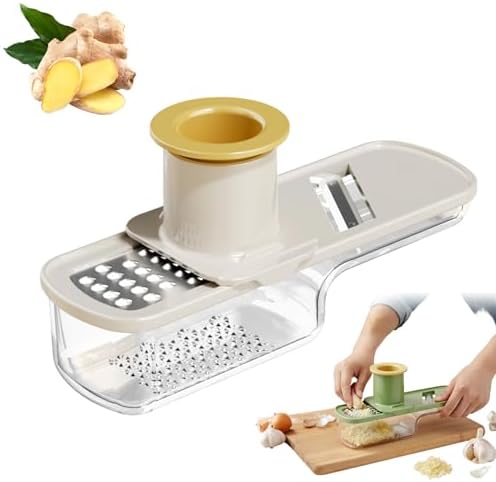 Manual Garlic Mincer, 3 in 1 Clear Manual Garlic and Garlic Slicer, Multi-Functional Garlic Press with Container Compact Garlic Mincer Tool, Ginger, Herbs Kitchen Gadget (White)