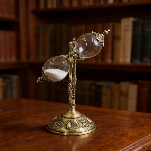 Vintage Hourglass Timer, 15 Minutes,Desk Decor,Embossed White Sand Metal Glass Hourglass Timer,Used for Home and Office Decoration,8.38inch Tall. (Brass)