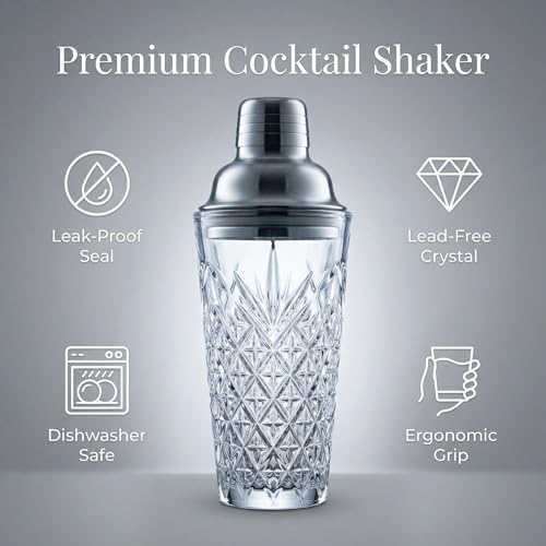 Elegant Glass Cocktail Shaker Set - Herringbone Design, 15oz Capacity, Leakproof Stainless Steel Top - Perfect for Bartending Enthusiasts