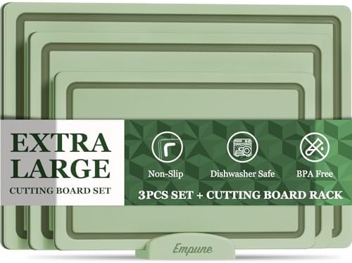 Empune 3-Piece Plastic Cutting Boards for Kitchen - Thick & Non-Slip Chopping Board Set with Juice Grooves, Dishwasher Safe, BPA Free, Includes Large & Small Sizes, Green