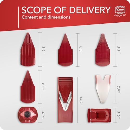 Mandoline Food Slicer Börner V1 (Profi Set) by Reston Lloyd • V-Slicer with 4 Inserts, Docking Station & Food Holder • Made in Germany • Fruit & Vegetable Chopper • Multiple Settings • Color: Red