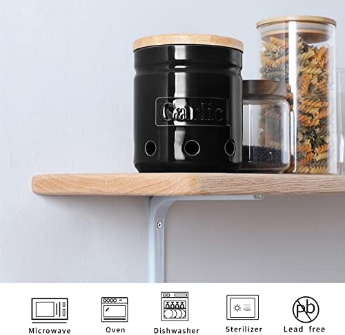 ONTUBE Ceramic Garlic Keeper with Wooden Lid, 4.5-Inch 24oz (Black)