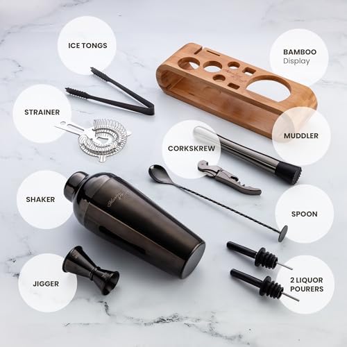 Mixology & Craft Cocktail Shaker Set with Bamboo Stand - Professional 10-Piece Bartender Kit - Complete Bar Set & Cocktail Mixer Kit for Home (Gun-Metal)