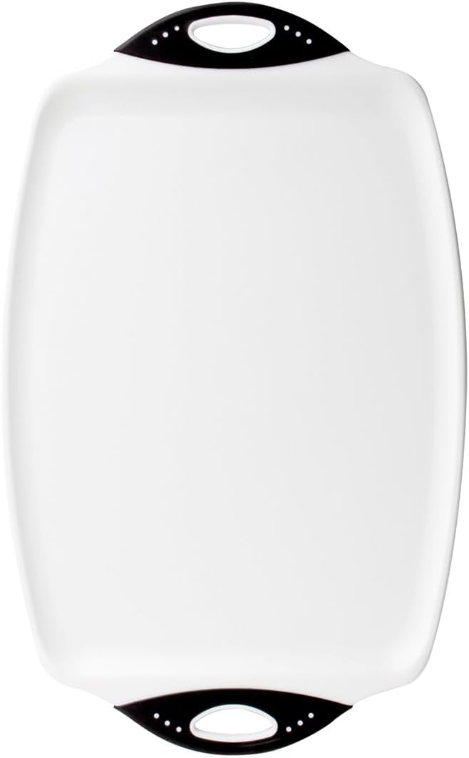 Dexas Chop & Serve Cutting Board, 12.5 x 20 Inch, Large Kitchen Prep and Serving Board with Handles, BPA-Free Dishwasher Safe, White and Black