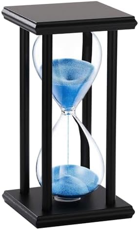 SuLiao Wood Hourglass 60 Minute, Black Wooden Stand Sand Timer Clock, Blue Sand Watch 60 Min, Antiguo Reloj De Arena 1 Hora, Large Unique One Hour Glass Sandglass for Home, Desk, Office Decorative