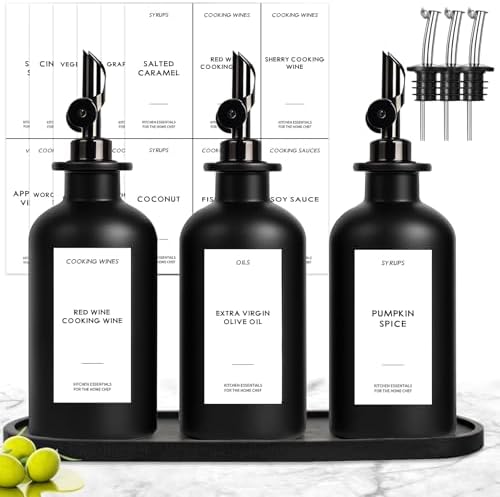 3PCS Olive Oil Dispenser Bottle For Kitchen, Soy Sauce Dispenser, Dark Glass Bottles for Oil and Vinegar Dispenser Set W. Wooden Tray & Labels & 3 Replacement Spouts, Coffee Syrup Dispenser(Black)