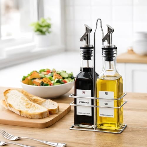 6 Oz Oil and Vinegar Bottle Cruet Set with Wire Caddy – 2 Pack Glass Dispenser Bottles (Stainless Steel Spout)