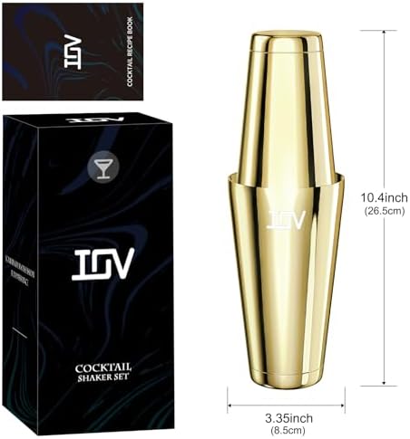 IOV Boston Cocktail Shaker Set, 18oz & 28oz Stainless Steel Weighted Shaker Tins, Metal Martini Drink Mixer for Bartending, Professional Bar Tools with Cocktail Recipe Guide, Gold