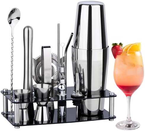 Wukuna Cocktail Shaker Bartender Kit, 15 Pcs Bar Tool with Acrylic Stand