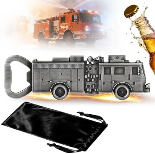 Zinc Alloy Fire Truck Bottle Opener - No Ladder Version, Beer Bottle Opener with Gift Bag, Creative Bar Accessories, Man Cave Decor, Bottle Opener Set Gift for Men Women Firefighters, Silver