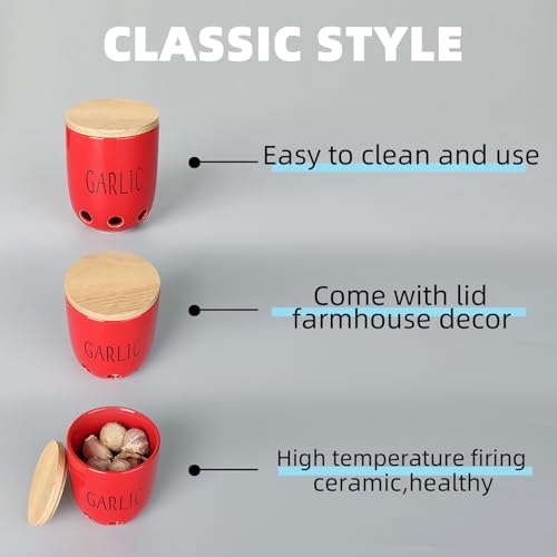 Ceramic Garlic Saver Container with Wood Lid (Red)