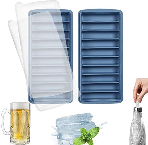 LessMo 2 PCS Ice Cube Tray, Long Ice Stick Tray Silicone with Lid, Rectangular Narrow Stick, Reusable, Flexible, Easy Release, for Small Mouth Sport Bottles, Juice Bottles, Cocktail Parties, Blue