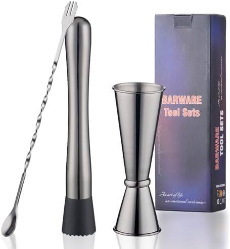 8 Inches Stainless Steel Muddler for Cocktails, Matching Jigger and Bar Spoon with Cocktail Muddler - 3 Pcs Drink Muddler for Cocktails