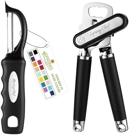 Spring Chef Premium Swivel Vegetable Peeler & Stainless Steel Can Opener with Soft Grip Handles - 2 Product Bundle - Black
