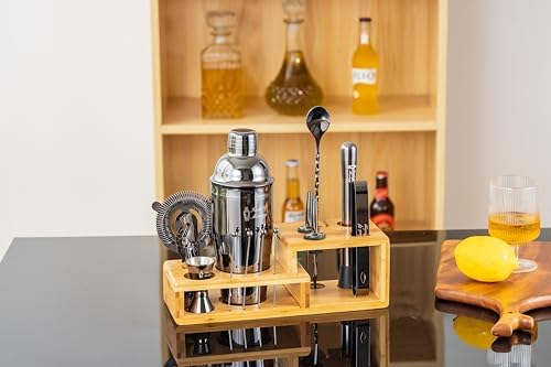 Bartender Kit with Cocktail Shaker, Stylish Bamboo Stand, Liquor Pourers for an Perfect Drink Mixing Experience - 14 Piece Barware Essentials Cocktail Shaker Set (Dark Metallic)