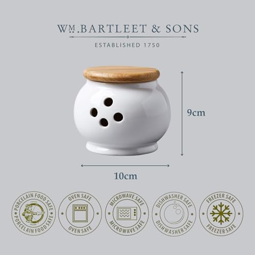 WM Bartleet & Sons 1750 Traditional Porcelain Garlic Storage Pot with Wooden Lid 10cm – White, One Size