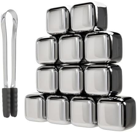 ShanSon Wine Chillers Metal Ice Cube 12 PCS Stainless Steel Whiskey Stones Reusable Whiskey Rocks Beverage Chilling Stones for Scotch and Bourbon Drinking Gifts Set for Men Dad Husband,Silver