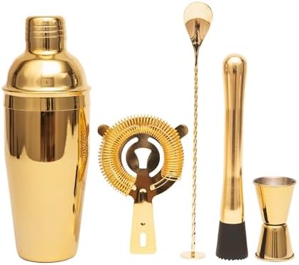 Cocktail Shaker Set Bartender Kit,5 Piece Bar Set Stainless Steel Bar Tools Set for Professional Bartender and Home (Gold, 5-Piece)